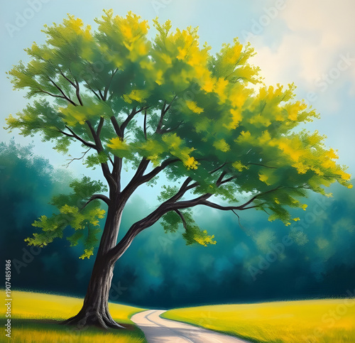 autumn, landscape, tree, oilpainting, art, painting, nature, fall, foliage, leaves, countryside, meadow, scenery, seasonal, golden, amber, crimson, yellow, warm, rustic, peaceful, serene, tranquil, te