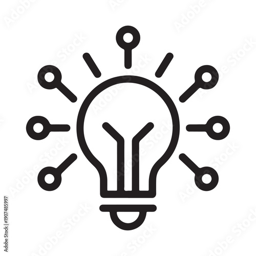 Black and white line art illustration of a lightbulb with radiating lines