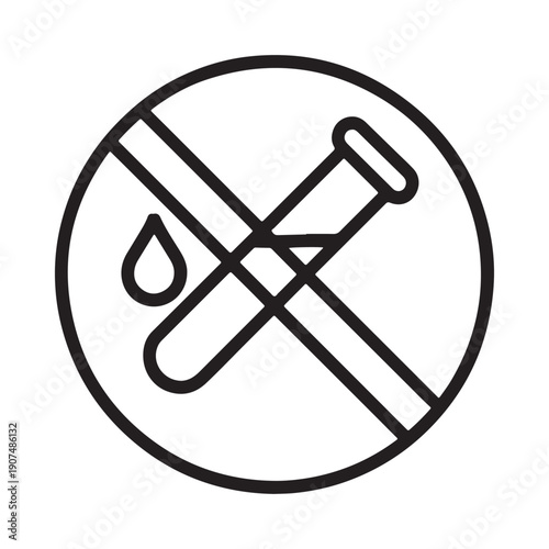 Prohibition sign depicting a test tube with a droplet indicating no testing