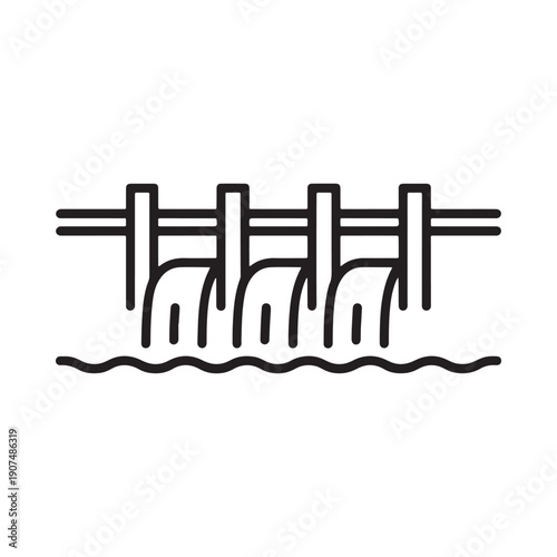 Simple black and white line drawing of a dam with flowing water below
