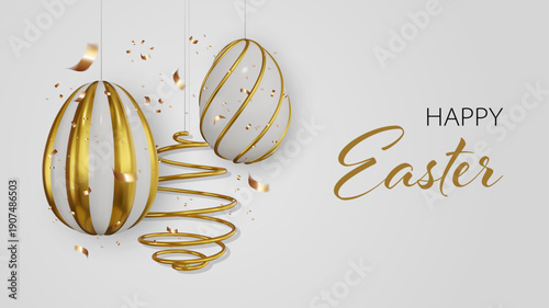 happy easter banner with white and gold 3d eggs and confetti