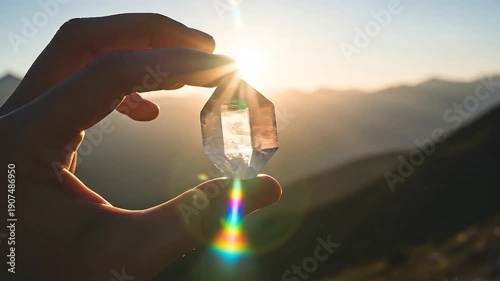Hand holding clear quartz crystal at sunset with mountain landscape background warm golden light illuminating facets spiritual healing meditation mindfulness concept
