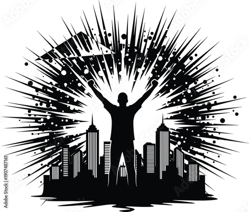 Powerful silhouette of a man raising hands in success against a modern city skyline and explosive burst background, symbolic of achievement, victory, and urban energy.