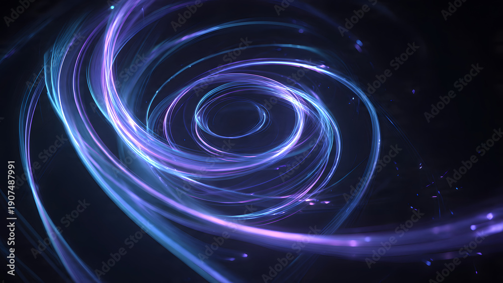 Naklejka premium A spiral galaxy viewed from a distant perspective, showcasing vibrant blue and purple swirling cosmic dust and stars in a dark environment.