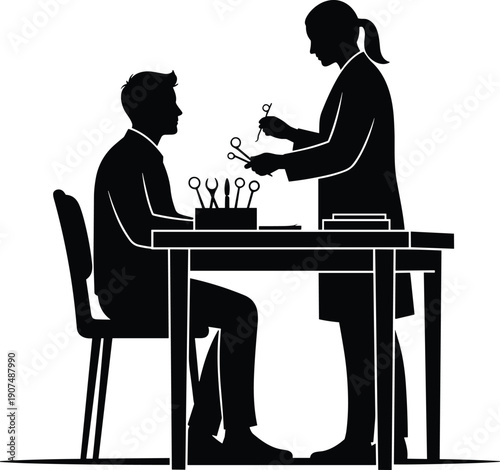 A black silhouette of a female doctor or nurse standing at a desk while examining a seated male patient using various medical tools.