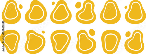 A collection of twelve organic yellow blob shapes with white outlines and small dots in various abstract fluid forms on a white background.