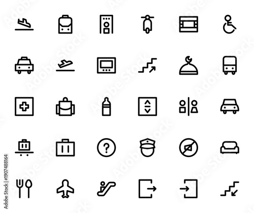 Airport icon set. Vector symbols for arrival, departure, security, train, taxi, bus, airplane, services and more. Minimal outline icons pack.