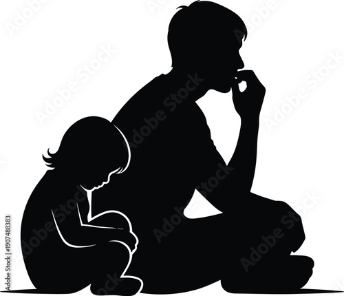 A black silhouette of a worried father sitting next to his sad child representing themes of poverty, depression, and family struggle on white.
