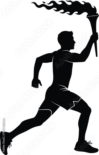 A black silhouette of a male athlete or torchbearer running while holding a flaming torch high during a sporting event on white background.