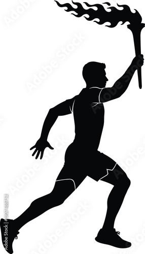 A black silhouette of a male athlete or torchbearer running while holding a flaming torch high during a sporting event on white background.