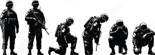 A black silhouette of soldiers in various poses including standing with rifles and kneeling in grief or prayer isolated on a white background.