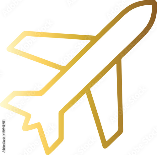 Golden Airplane Line Icon for Travel, Flight and Aviation