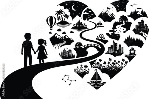 A child's imagination unfolds within a heart shape showcasing diverse landscapes cities mountains and a hot air balloon symbolizing dreams and possibilities