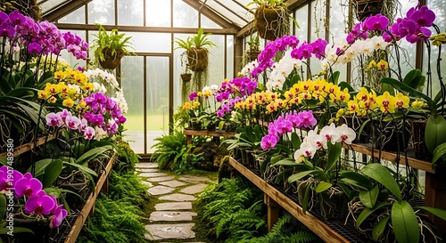 Vibrant Colorful Orchids Blooming in a Lush Glass Greenhouse.