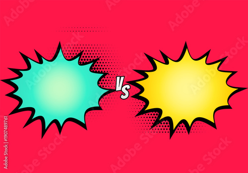 Retro pop art versus background. Pink comic style with cyan and yellow empty speech bubbles for battle or competition text.