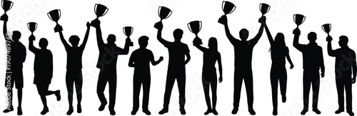 Diverse group of black silhouette figures holding up trophies, celebrating victory and achievement in a triumphant lineup