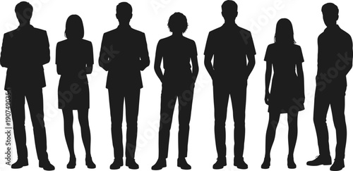 Silhouettes of a diverse group of people standing in a line showcasing different attire and stances representing individuality and professionalism