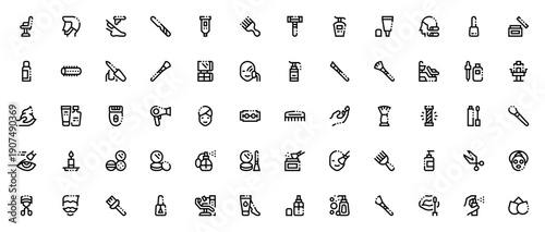 Beauty and Salon icon set. Vector illustration pack. Includes barber chair, razor, hair dryer, nail polish, perfume, lotion, brush, cream, spa tools and more. Editable stroke.