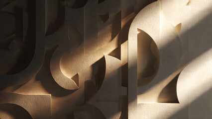A close-up view of a textured 3D wall sculpture with abstract patterns and shadows cast by natural light.