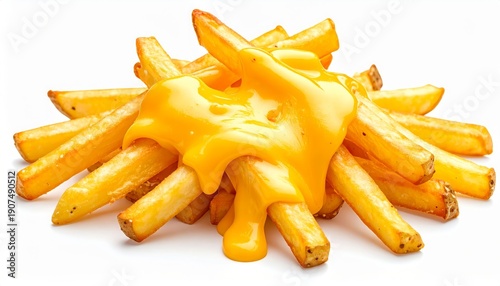 Delicious golden french fries with melted cheese sauce isolated on a white background, perfect for a snack or side dish.
