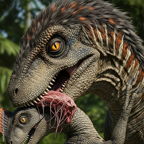 Close-up of a fierce Velociraptor dinosaur with sharp teeth eating raw meat in a lush jungle environment.