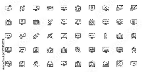 Television icon set. Vector illustration pack. Includes TV, monitor, remote control, satellite dish, smart TV, news, search, settings and more. Editable stroke.