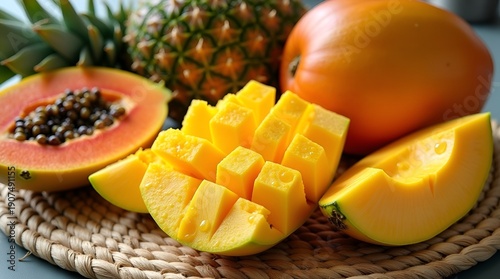 Fresh Tropical Fruit Arrangement in Soft Natural Sunlight