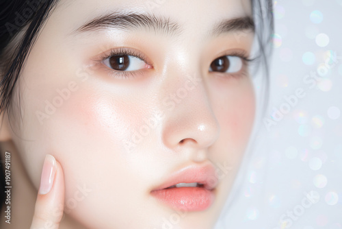 透明感のある肌をした女性のクローズアップポートレート