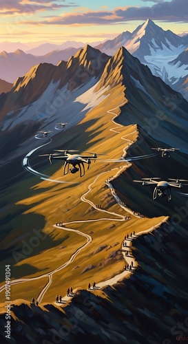 Majestic Mountain Pass with Drones Flying Over Winding Road at Sunset.