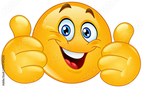A bright yellow cartoon emoji with blue eyes, a wide smile, and both thumbs up, conveying happiness and positive emotion.