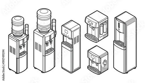 isometric water coolers: hand-drawn linear illustrations of various models with and without bottles