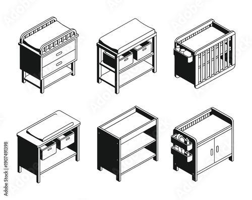 Baby changing table and nursery furniture set in isometric black and white outline style