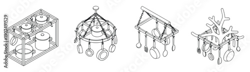 Ceiling and wall mounted pot racks for professional kitchen utensil storage