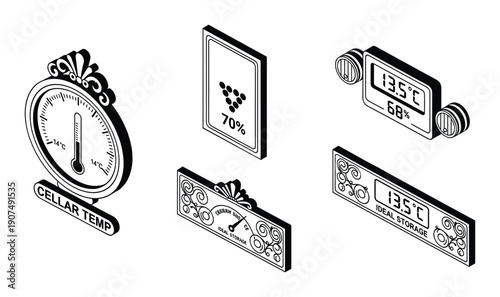 Cellar temperature and humidity gauges in isometric view