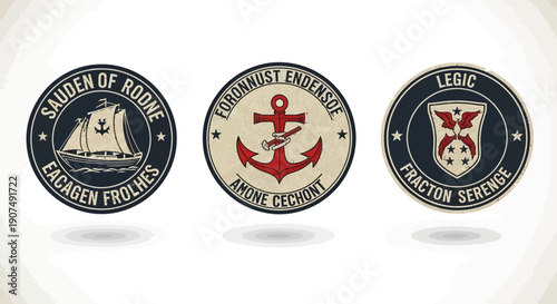 Collection of vintage outdoor adventure camping stickers, badges with tents, mountains, campfires, and explorer typography on a bright studio background, inspiring travel and freedom.