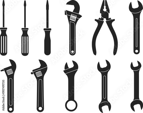 Hand tools icon set vector silhouettes screwdriver wrench pliers adjustable spanner repair construction mechanic equipment black isolated collection