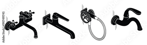 Collection of isometric faucets and plumbing fixtures with different designs and functions shown in silhouette