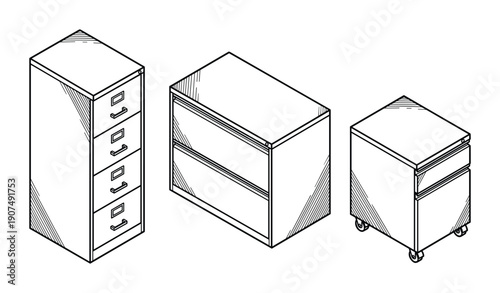 Office storage units, filing cabinets, drawers, metal furniture, office supplies.