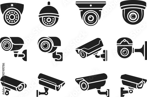 Security camera silhouettes collection of CCTV surveillance devices and monitoring systems black vector illustration isolated on white background protection