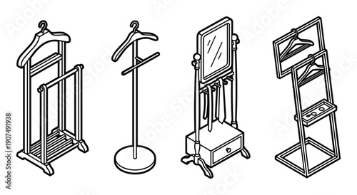 Assortment of standing clothes racks, valet stands with mirrors and drawers for dressing room