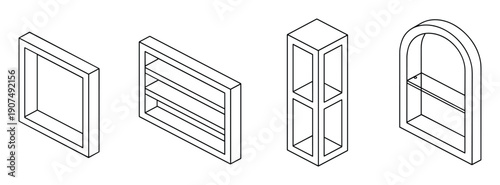 Isometric architectural elements collection, empty frames and shelving units