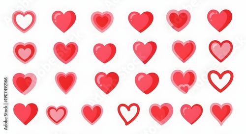 A collection of red and pink hearts of various sizes and styles, arranged neatly on a white background, symbolizing love and affection.