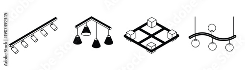 Isometric black and white collection of various modern light fixtures and ceiling lamps