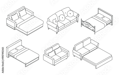 Isometric black outline vector illustration of various beds and sofas for home interiors