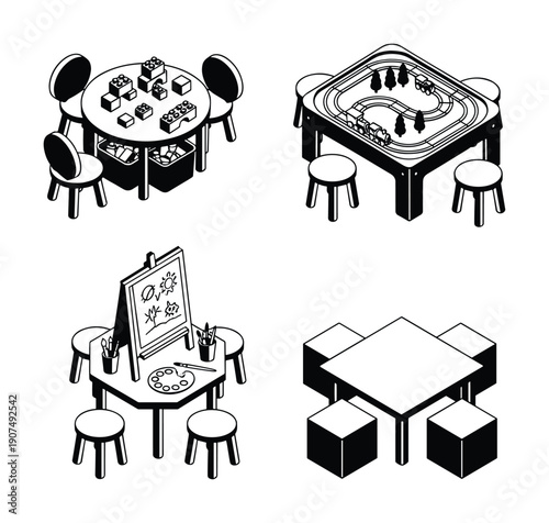 Isometric children furniture set with activity tables and art easels for playroom design