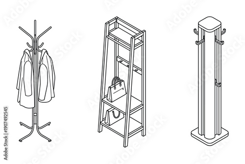 Entrance hall furniture pieces. Hanger stand for coats and jackets. Modern shelving element vector.
