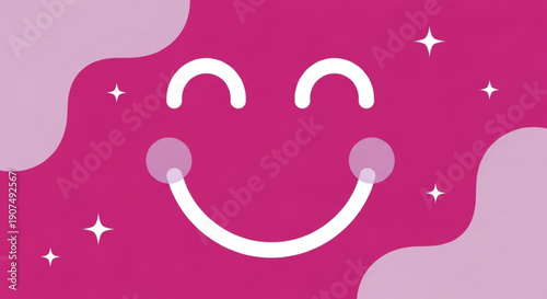 International Day of Happiness happy smiley face with rosy cheeks against a vibrant pink background, adorned with sparkles and soft, wavy shapes