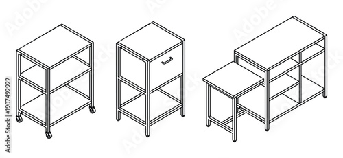 Outline drawing of healthcare furniture, hospital equipment, lab supplies, professional tools