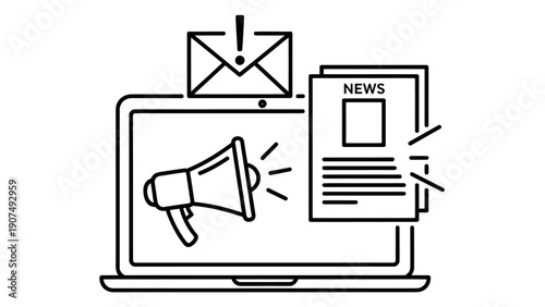 Digital marketing concept illustrated on a laptop with megaphone and news icons.