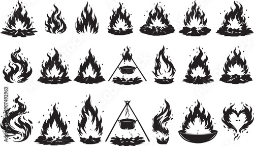 Versatile Collection of Artistic Flame Silhouettes and Outdoor Campfire Elements for Creative Design